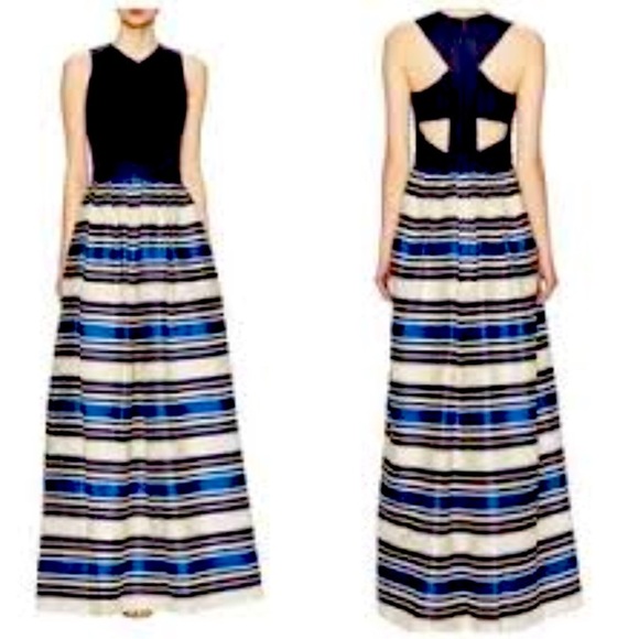 Theia Navy & White Nautical Stripe Jacquard Taffeta Full Skirt Formal Gown 4 - Picture 2 of 14